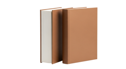 Two brown books standing upright against a dark black background