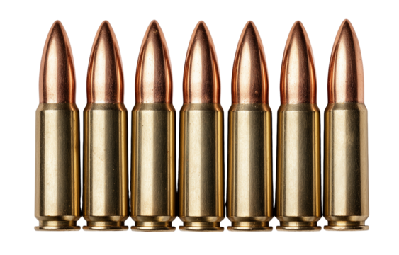 High-quality brass rifle cartridges lined up in a row on a clean, white surface, showcasing their metallic sheen and pointed tips Generative AI
