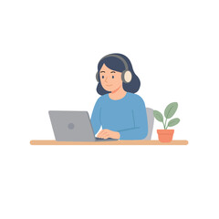 Flat design illustration of a woman working on laptop with headphones, sitting at desk with plant — remote work concept