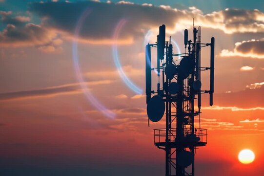 Cell tower silhouette against a vibrant sunset with glowing signal waves.