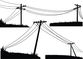 Silhouette of rural utility poles with grassy terrain, leaning structures, sagging wires, electricity distribution, suburban infrastructure, high voltage grid