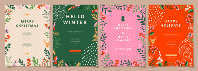 Set of Merry Christmas and Happy New Year background. Greeting and invitation card, web banner, holiday cover, flyer, poster design templates. Modern flat vector illustration.