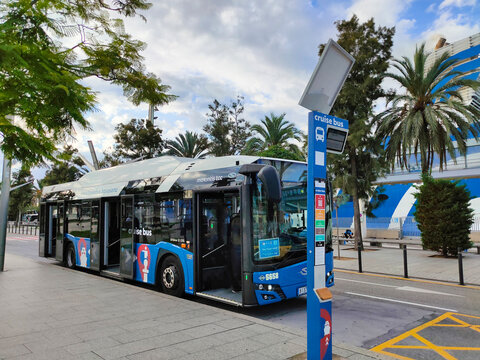 Barcelona, Spain - September 26, 2025: Cruise bus - Shuttle bus or cruise bus Between the port terminals and the end of La Rambla at Barcelona