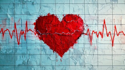 Vibrant red heart illustration on cracked wall symbolizing love and passion with heartbeat line for health concepts and emotional connections