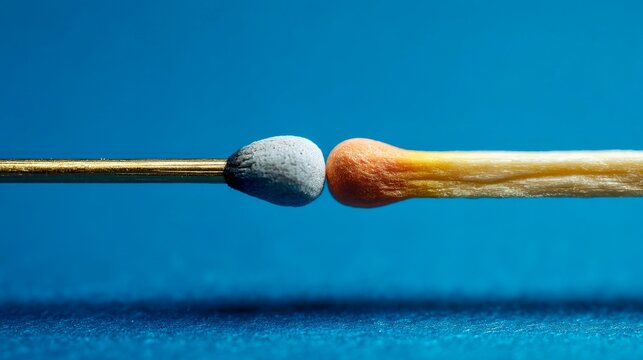 Close-up view of matchstick heads illustrating friction points and igniting differences in color and texture on a blue background
