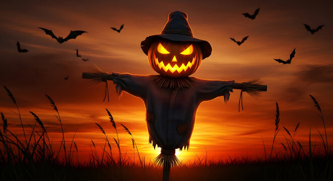 Creepy Halloween Scarecrow with Glowing Pumpkin Head at Sunset.