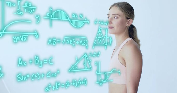 Woman in studio, neon-green arc appearing, turning head, formulas demonstrating STEM concepts