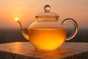 Glowing Glass Teapot on Marble at Sunrise