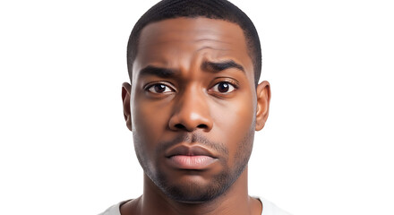 Fototapeta premium A portrait of a young african american man with a slightly furrowed brow against a white background