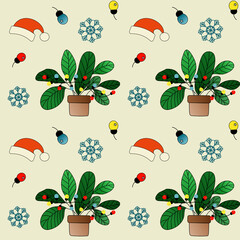 Seamless pattern with houseplants in pots decorated with Christmas lights, Santa hats, and snowflakes on a soft background