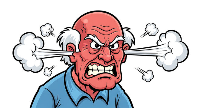 Cartoon of an angry man with steam coming out of his ears and gritted teeth on a white background