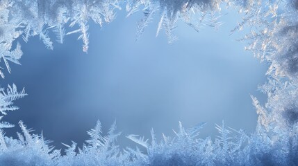 Ice Frost Frame on Blue Background. Winter Crystal Pattern Texture
