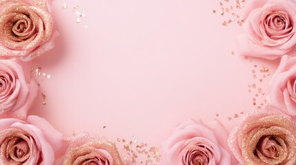 Pink Glitter Roses Border on Pastel Background - Sparkling Floral Design