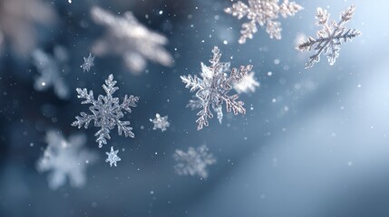 Falling Snowflakes on Light Blue Bokeh Background - Elegant Winter Frost Texture