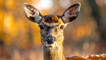 A close-up of a deer's face, gazing directly at the viewer with large, expressive eyes. The background features warm autumn foliage