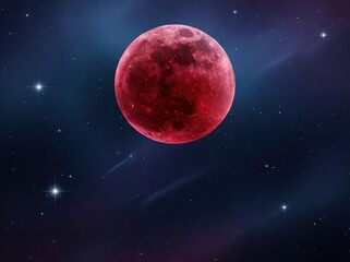 Blood Moon Glowing Vividly Against Dark Mystical Sky Surrounded By Scattered Stars Evoking Sense Of Enchantment Cosmic Wonder And Celestial Nocturnal Beauty
