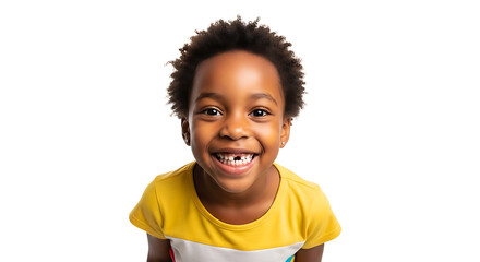 A cute african american boy with a missing front tooth smiling on a white background in a yellow shirt