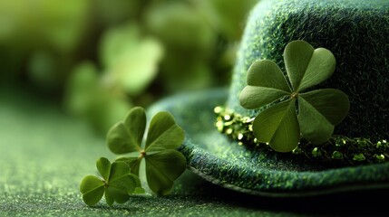 Close up Leprechaun Hat and Shamrock on Green Glitter Background - St. Patrick’s Day Luck
