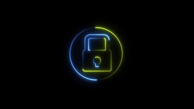 Encryption lock icon animation glowing neon security privacy protection sign symbol on a black background,with 4k video animation.