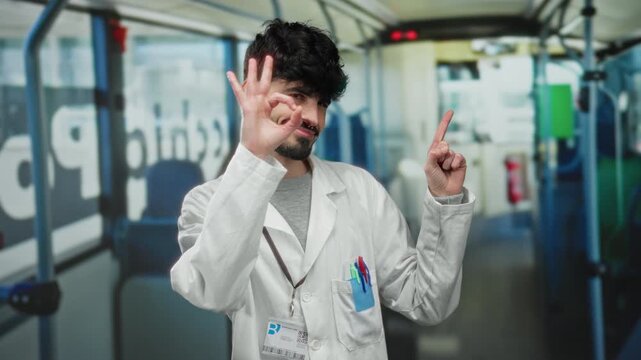Young man making gesture inside bus wearing white coat looking confident and playful in casual urban setting surrounded by seats and cityscape outside the bus windows.