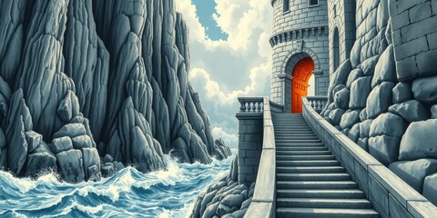 A solitary, ancient lighthouse stands against a tumultuous sea, its red door inviting to the stairway leading up into it.