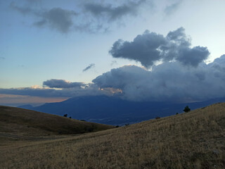 "Valley of ghosts" - mountain plateau on Demerjy mountain. sunset view from top point, 1239m. Crimea