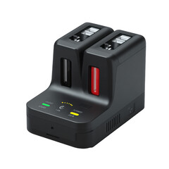Obraz premium ompact camera battery charger with dual slots and LED charge indicators [Transparent Background PNG].