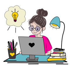 Cute doodle-style illustration of a female freelancer or student working at a desk with books, lamp, and idea bubble