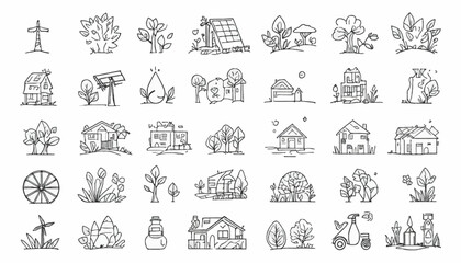 Obraz premium Set of ecology and sustainable energy icons simple line art vector design for environment and green technology projects isolated on white background