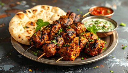 Fototapeta premium Delicious Indian Skewers with Naan Bread.