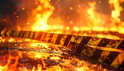 A close-up captures a hazard tape, illuminated by intense flames and embers. The warning barrier stretches across a fiery landscape, hinting danger