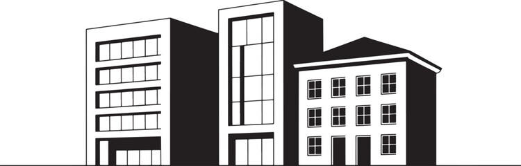 Fototapeta premium Black and white illustration of three buildings with different architectural styles Keywords