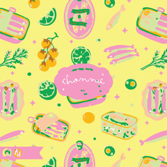 Summer coquette berry and fruits seamless pattern. Preppy wallpaper, hand drawn ribbons and bows patchwork print. Garden vector illustration, checkered romantic background, textile design, plaid.
