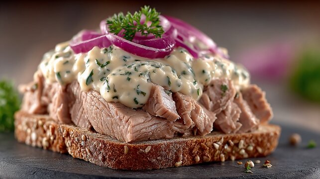 Sm?rrebr?d open faced sandwich with roast beef remoulade and red onion rings close up