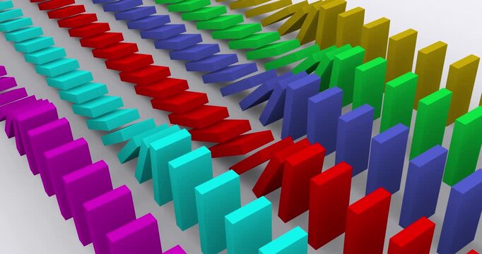 colorful rainbow domino blocks falling in rows on white background 4k loop animation