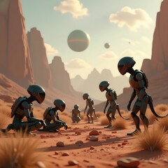 Futuristic Robots Exploring Alien Desert Landscape with Sci Fi Atmosphere, Generated AI