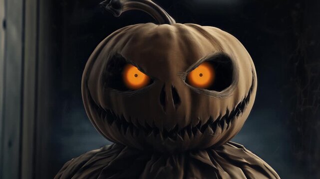 Scary pumpkin head monster with glowing eyes Halloween animation