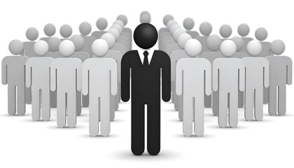 A black suited figure stands before a collection of grey and white stick figure people, creating a visual representation of leadership