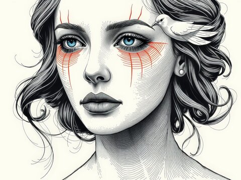 A striking illustration of a female with blue eyes and red accent lines, featuring an elegant bird on her head.
