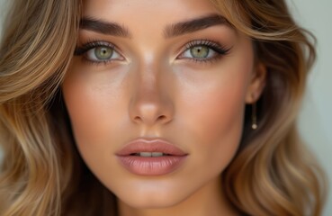 Fototapeta premium Close up shot of attractive woman with fair skin. Blond curly hair frames her face. Natural makeup enhances her beauty. Green eyes stare intently. Portrait captures skincare concept.