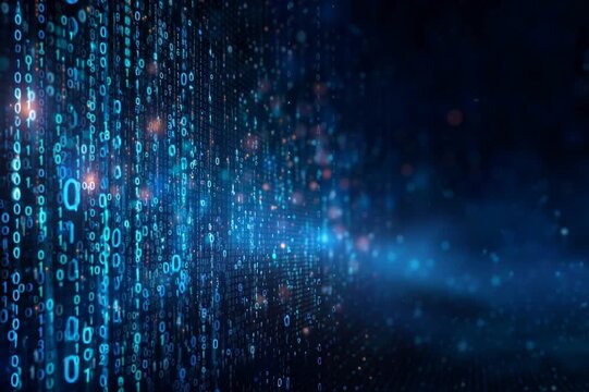 ฺBlue digital binary data on computer screen. dark blue abstract background featuring glowing white and light blue binary code on the left side, with a shallow depth of field creating a blurred