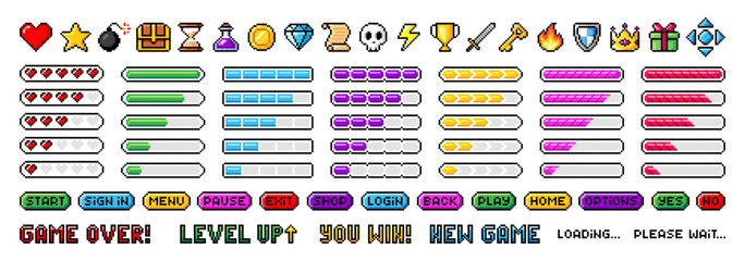 Pixel art game icons. Pixelated vector illustration of game buttons, progress bar. Retro 8 bit pixel assets for game