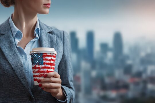 Professional woman in a suit holding a coffee cup with USA flag design against a city skyline