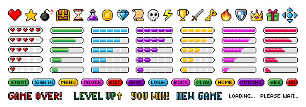 Pixel art game icons. Pixelated vector illustration of game buttons, progress bar. Retro 8 bit pixel assets for game