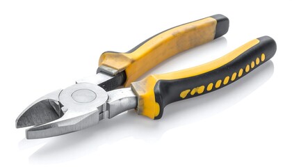 Obraz premium A close-up shot of a diagonal cutting plier on a reflective white surface. The tool has yellow and black insulated handles