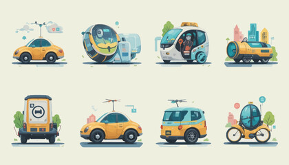 Fototapeta premium Set of futuristic vehicle icons flat vector design elements for transportation and city life concepts isolated on white background