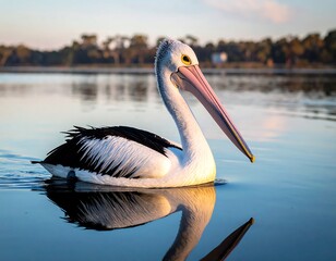 A close-up captures a large aquatic bird floating serenely on calm water, reflecting the warm tones of the setting sun. Lush foliage lines the distant shore