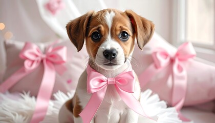 Adorable Puppy Wearing Pink Bow Tie.