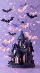 Fototapeta premium Halloween cake shaped like a spooky castle with towers.