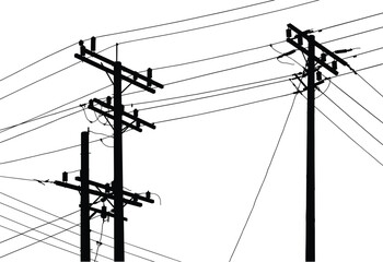 Silhouette of utility poles with crossarms, insulators, overlapping power lines, electricity distribution, urban infrastructure, industrial landscape, high voltage grid